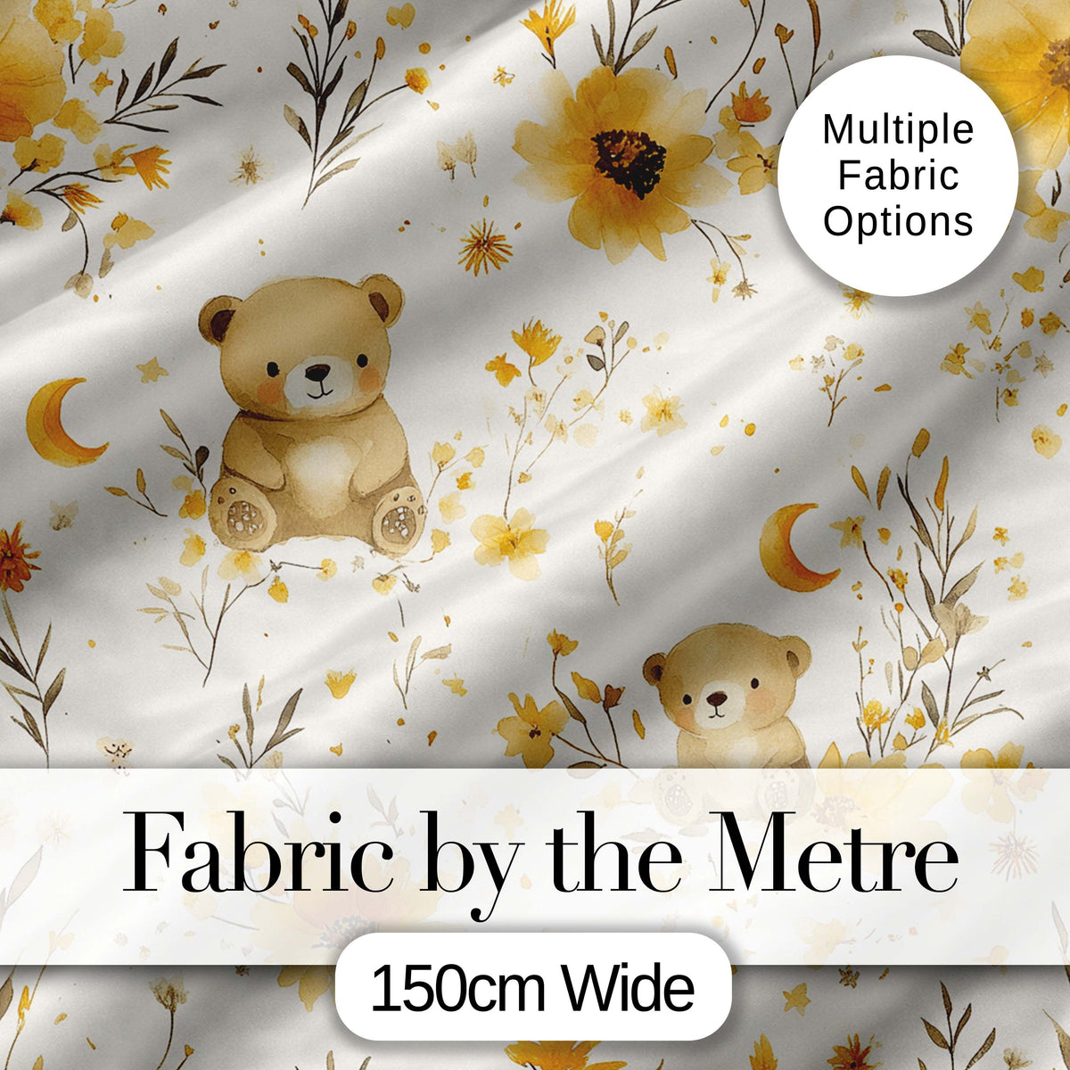 Cute Teddy Bears with Yellow Flowers Seamless Pattern Digital Print Fabric by the Metre UK Sewing Quilting Textile