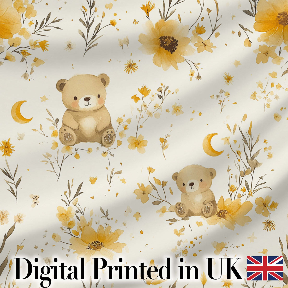 Cute Teddy Bears with Yellow Flowers Seamless Pattern Digital Print Fabric by the Metre UK Sewing Quilting Textile