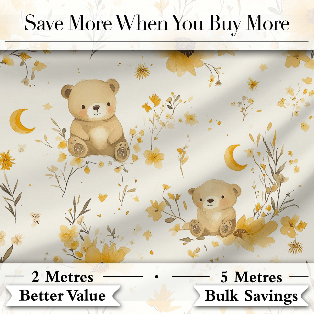 Cute Teddy Bears with Yellow Flowers Seamless Pattern Digital Print Fabric by the Metre UK Sewing Quilting Textile