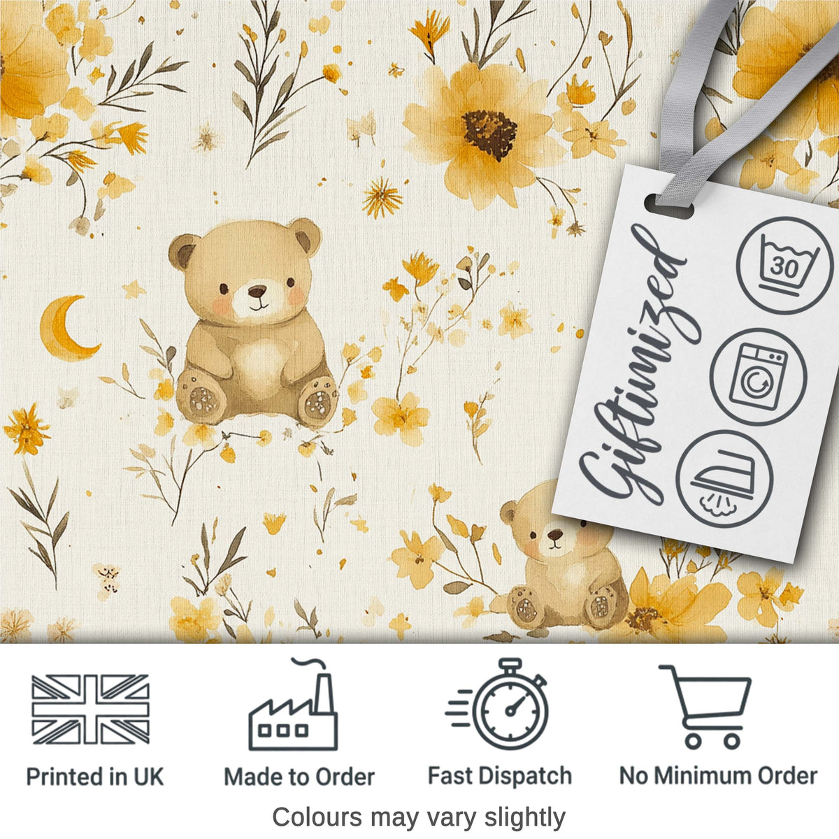 Cute Teddy Bears with Yellow Flowers Seamless Pattern Digital Print Fabric by the Metre UK Sewing Quilting Textile