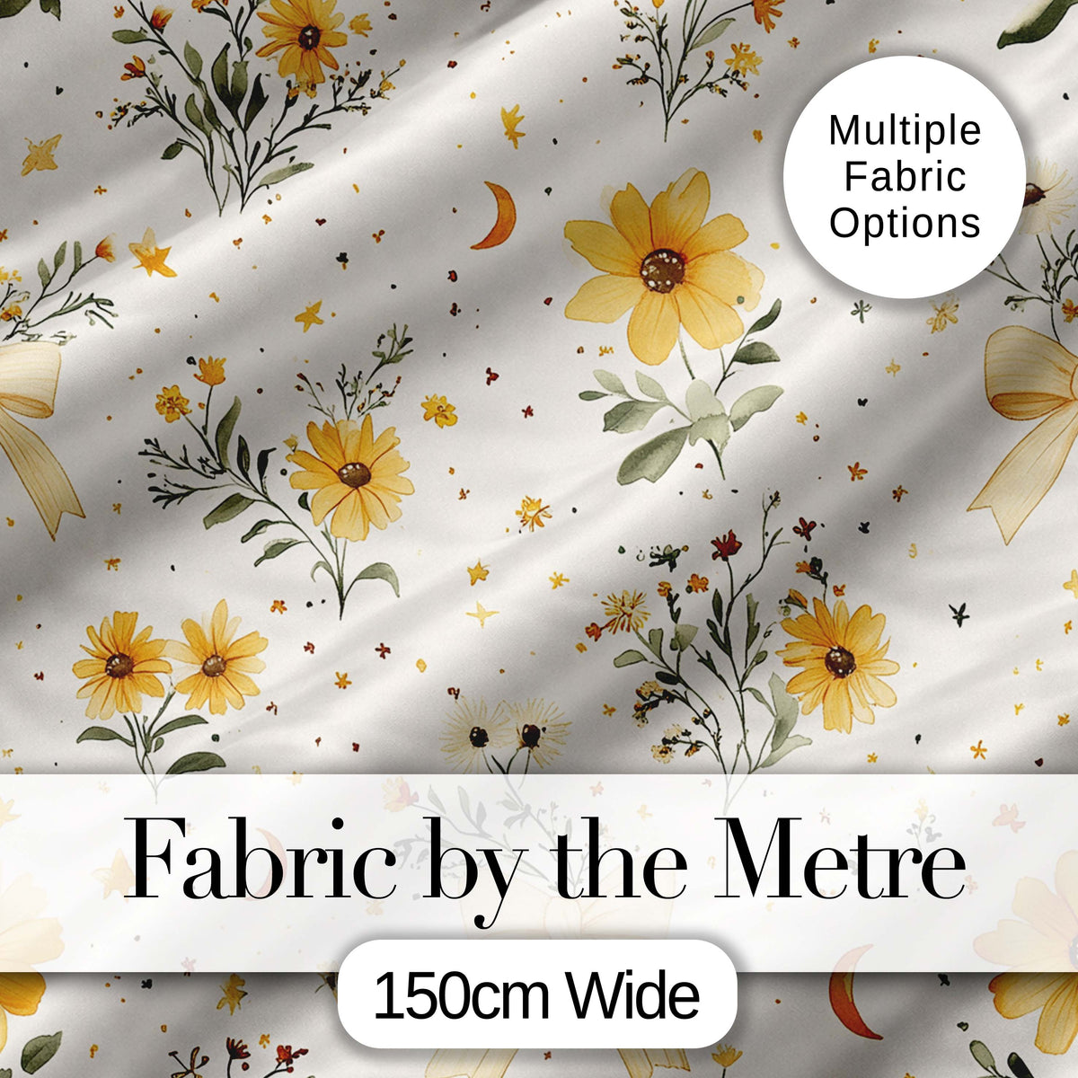 Yellow Wildflower Botanical with Moon and Stars Seamless Pattern Digital Print Fabric by the Metre UK Sewing Quilting Textile