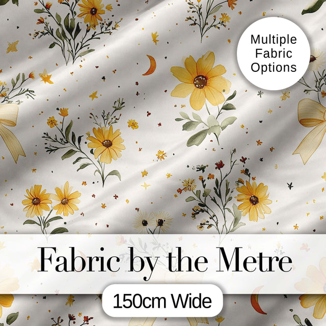 Yellow Wildflower Botanical with Moon and Stars Seamless Pattern Digital Print Fabric by the Metre UK Sewing Quilting Textile