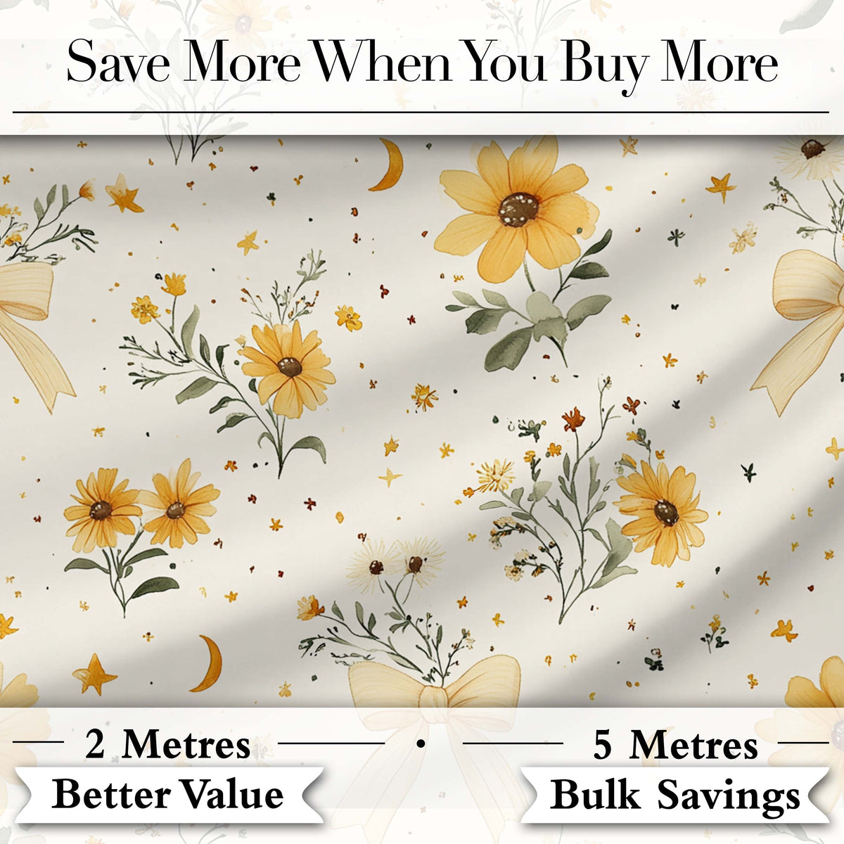 Yellow Wildflower Botanical with Moon and Stars Seamless Pattern Digital Print Fabric by the Metre UK Sewing Quilting Textile