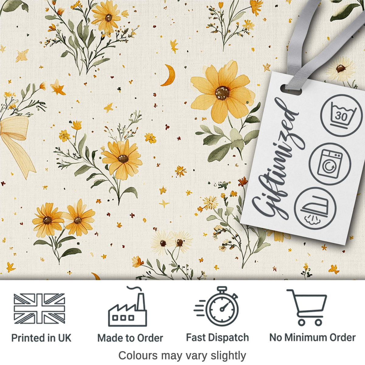Yellow Wildflower Botanical with Moon and Stars Seamless Pattern Digital Print Fabric by the Metre UK Sewing Quilting Textile