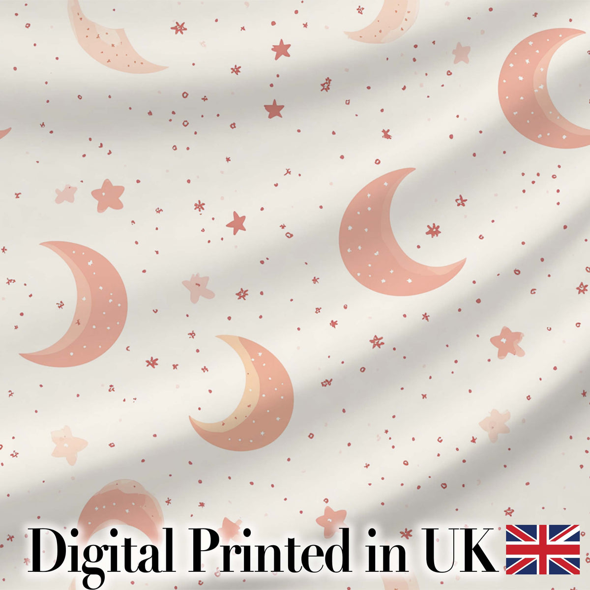 Soft Pink Crescent Moon and Stars Minimal Seamless Pattern Digital Print Fabric by the Metre UK Sewing Quilting Textile
