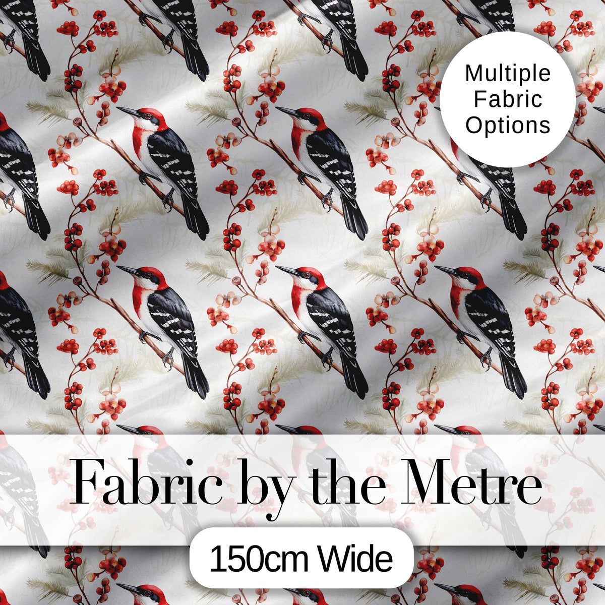Realistic Red Headed Woodpecker on Berry Branch Seamless Pattern Digital Print Fabric by the Metre UK Sewing Quilting Textile