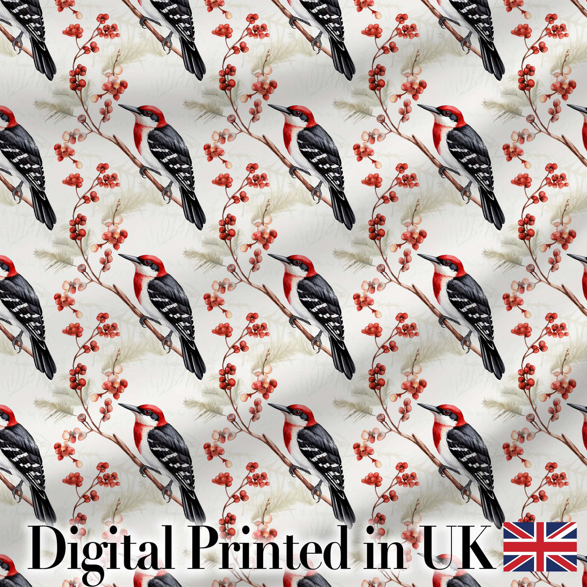 Realistic Red Headed Woodpecker on Berry Branch Seamless Pattern Digital Print Fabric by the Metre UK Sewing Quilting Textile