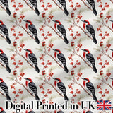 Realistic Red Headed Woodpecker on Berry Branch Seamless Pattern Digital Print Fabric by the Metre UK Sewing Quilting Textile