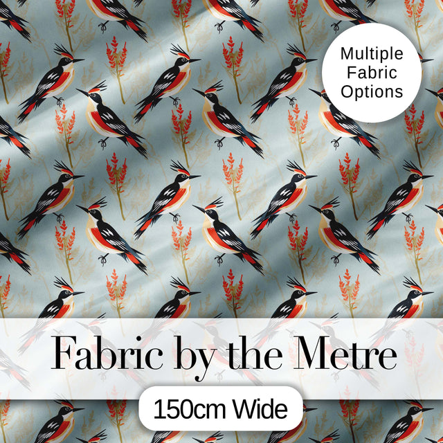 Stylized Woodpecker Birds with Foliage Seamless Pattern Digital Print Fabric by the Metre UK Sewing Quilting Textile