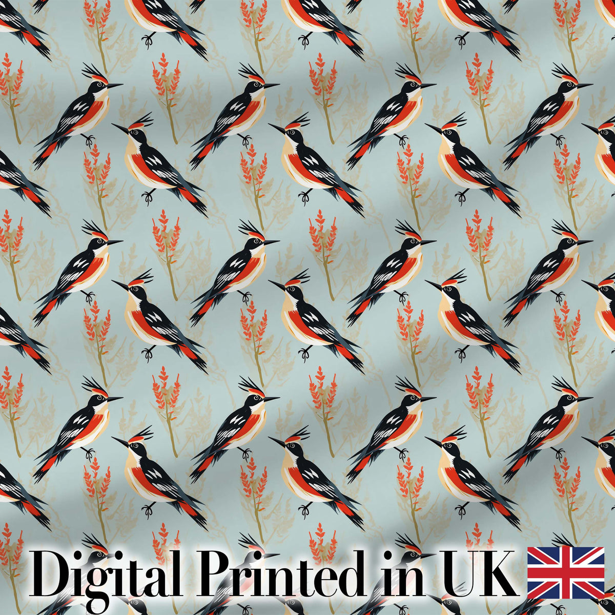 Stylized Woodpecker Birds with Foliage Seamless Pattern Digital Print Fabric by the Metre UK Sewing Quilting Textile