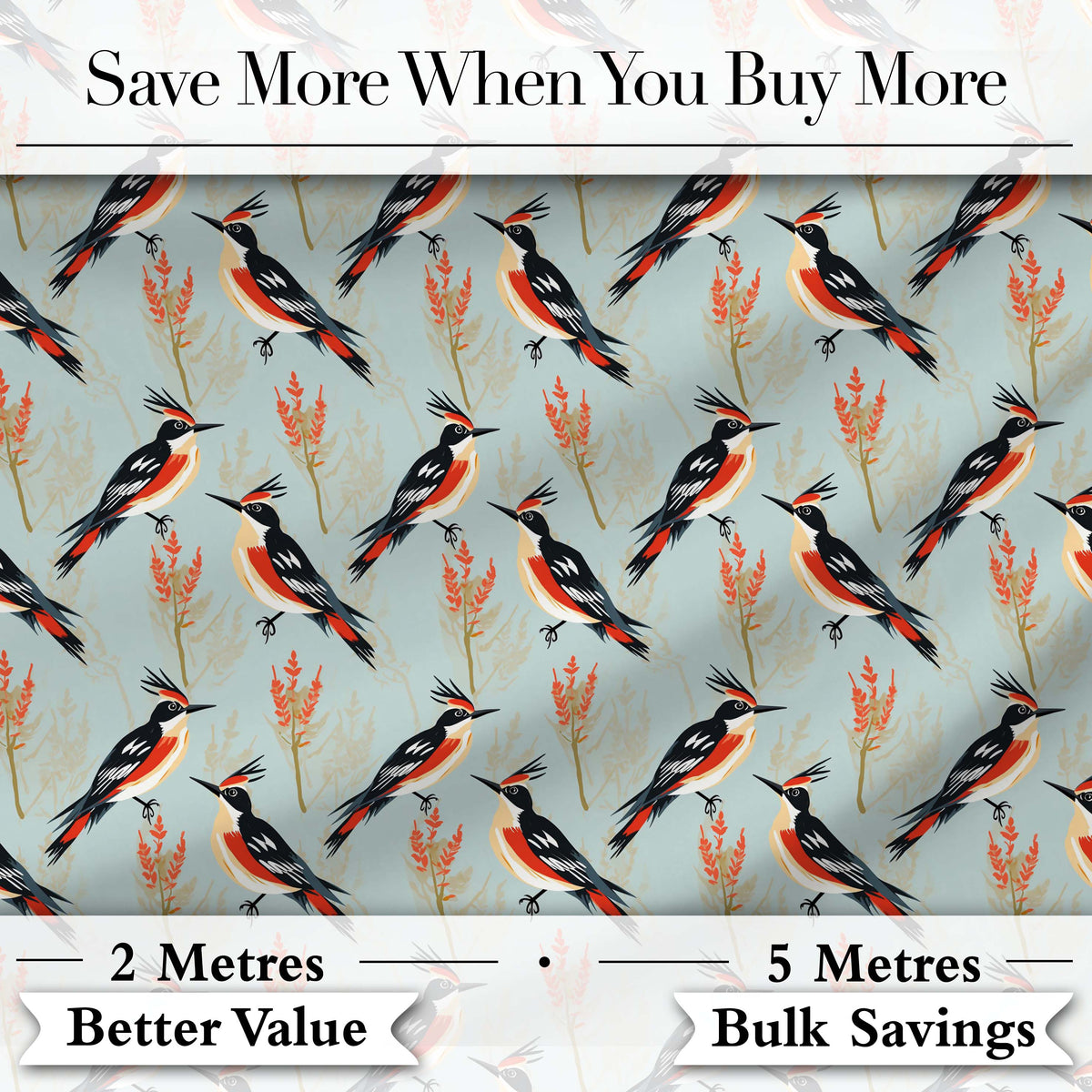 Stylized Woodpecker Birds with Foliage Seamless Pattern Digital Print Fabric by the Metre UK Sewing Quilting Textile