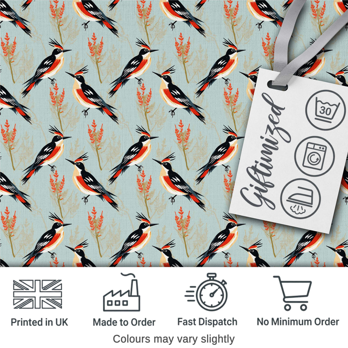 Stylized Woodpecker Birds with Foliage Seamless Pattern Digital Print Fabric by the Metre UK Sewing Quilting Textile