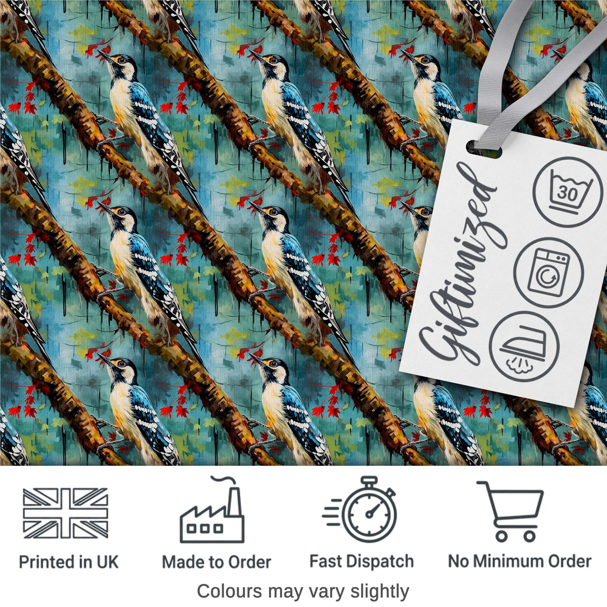 Artistic Blue Woodpecker on Tree Branch Seamless Pattern Digital Print Fabric by the Metre UK Sewing Quilting Textile