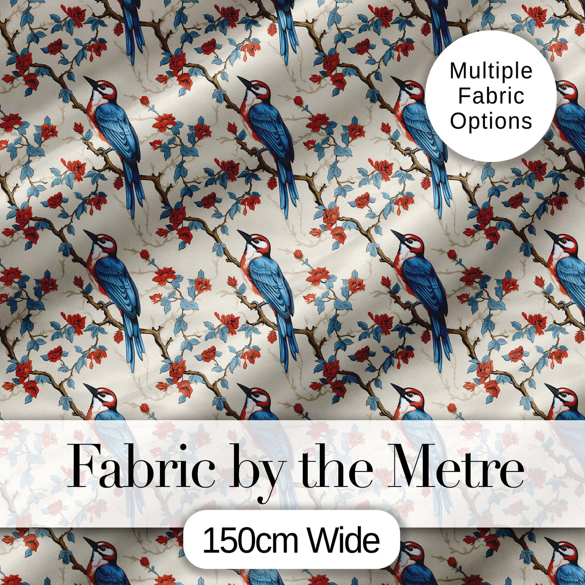 Classic Blue Bird with Red Flowers Vintage Seamless Pattern Digital Print Fabric by the Metre UK Sewing Quilting Textile