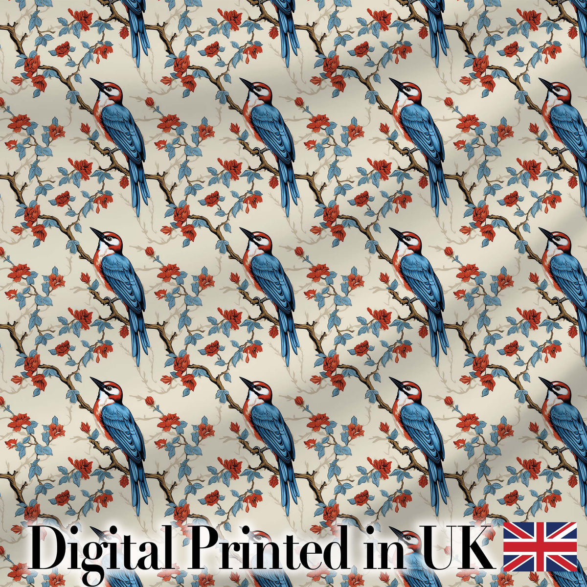 Classic Blue Bird with Red Flowers Vintage Seamless Pattern Digital Print Fabric by the Metre UK Sewing Quilting Textile