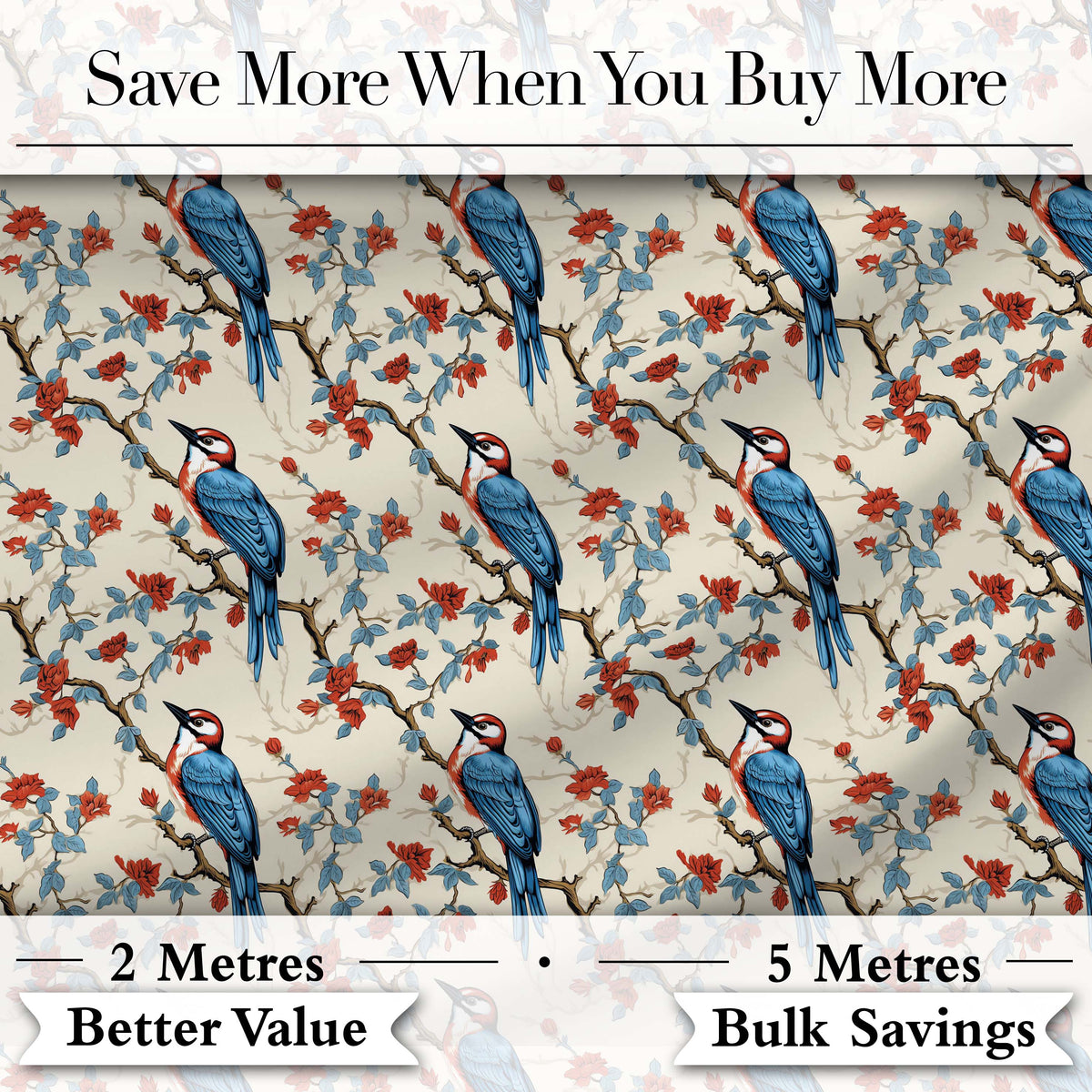 Classic Blue Bird with Red Flowers Vintage Seamless Pattern Digital Print Fabric by the Metre UK Sewing Quilting Textile