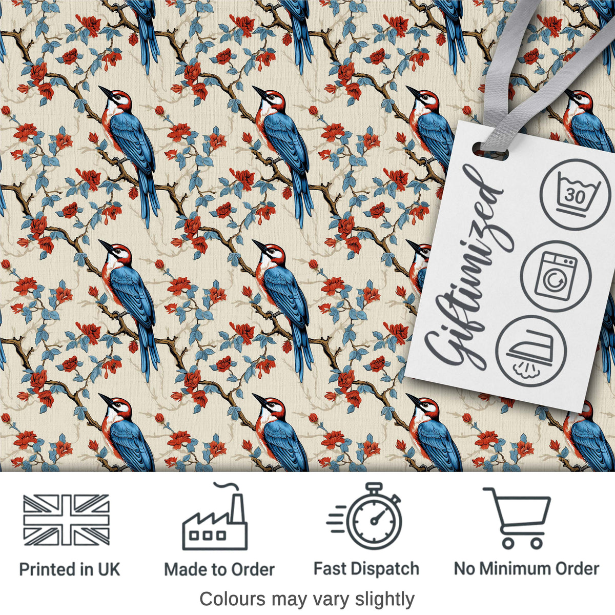 Classic Blue Bird with Red Flowers Vintage Seamless Pattern Digital Print Fabric by the Metre UK Sewing Quilting Textile