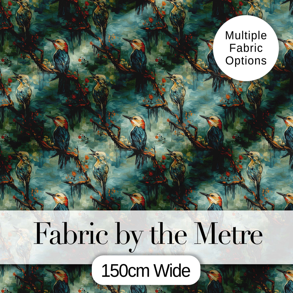 Painterly Blue and Orange Birds on Branch Seamless Pattern Digital Print Fabric by the Metre UK Sewing Quilting Textile