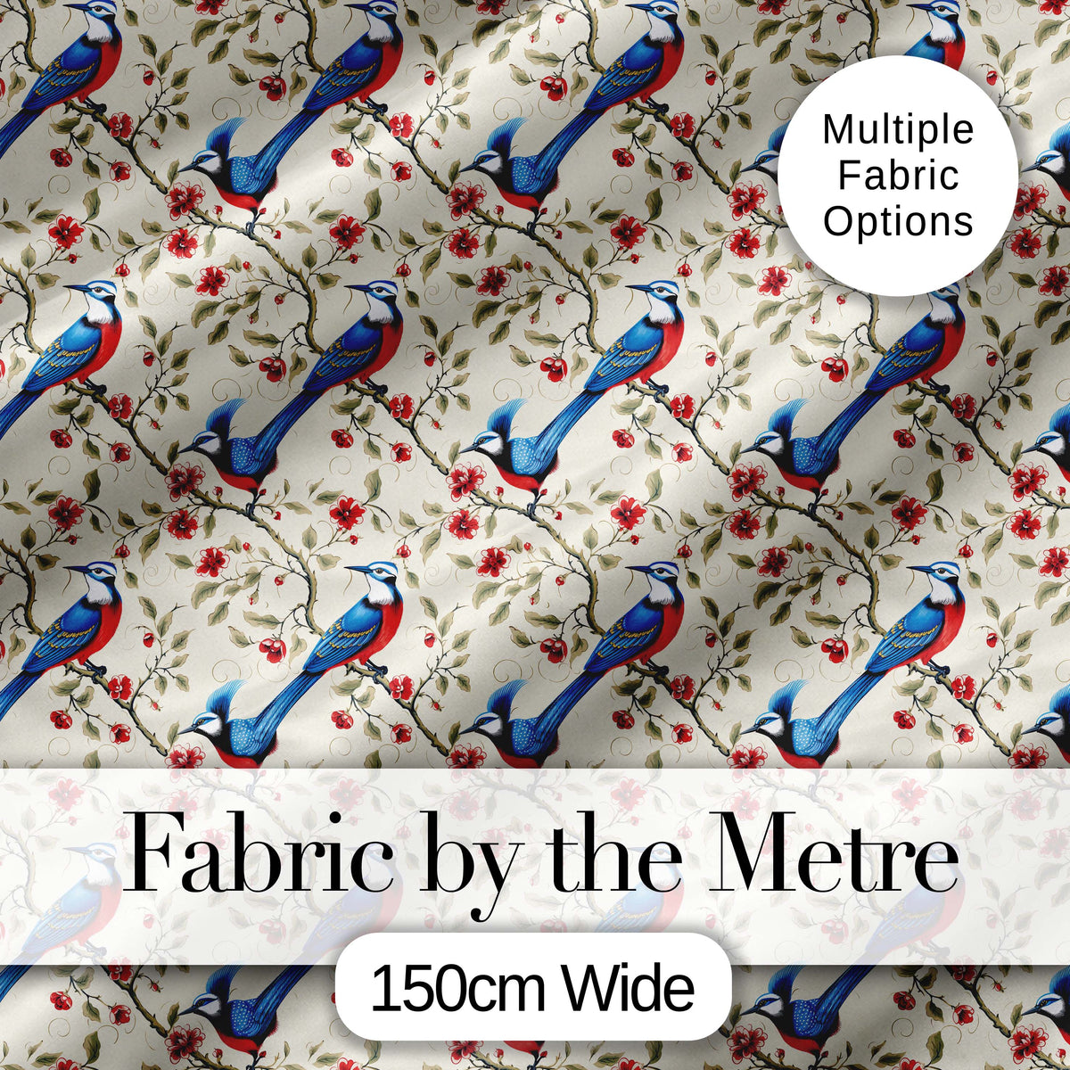 Elegant Blue and Red Birds with Floral Branch Seamless Pattern Digital Print Fabric by the Metre UK Sewing Quilting Textile