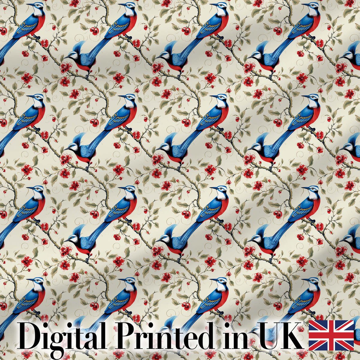 Elegant Blue and Red Birds with Floral Branch Seamless Pattern Digital Print Fabric by the Metre UK Sewing Quilting Textile