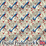Elegant Blue and Red Birds with Floral Branch Seamless Pattern Digital Print Fabric by the Metre UK Sewing Quilting Textile