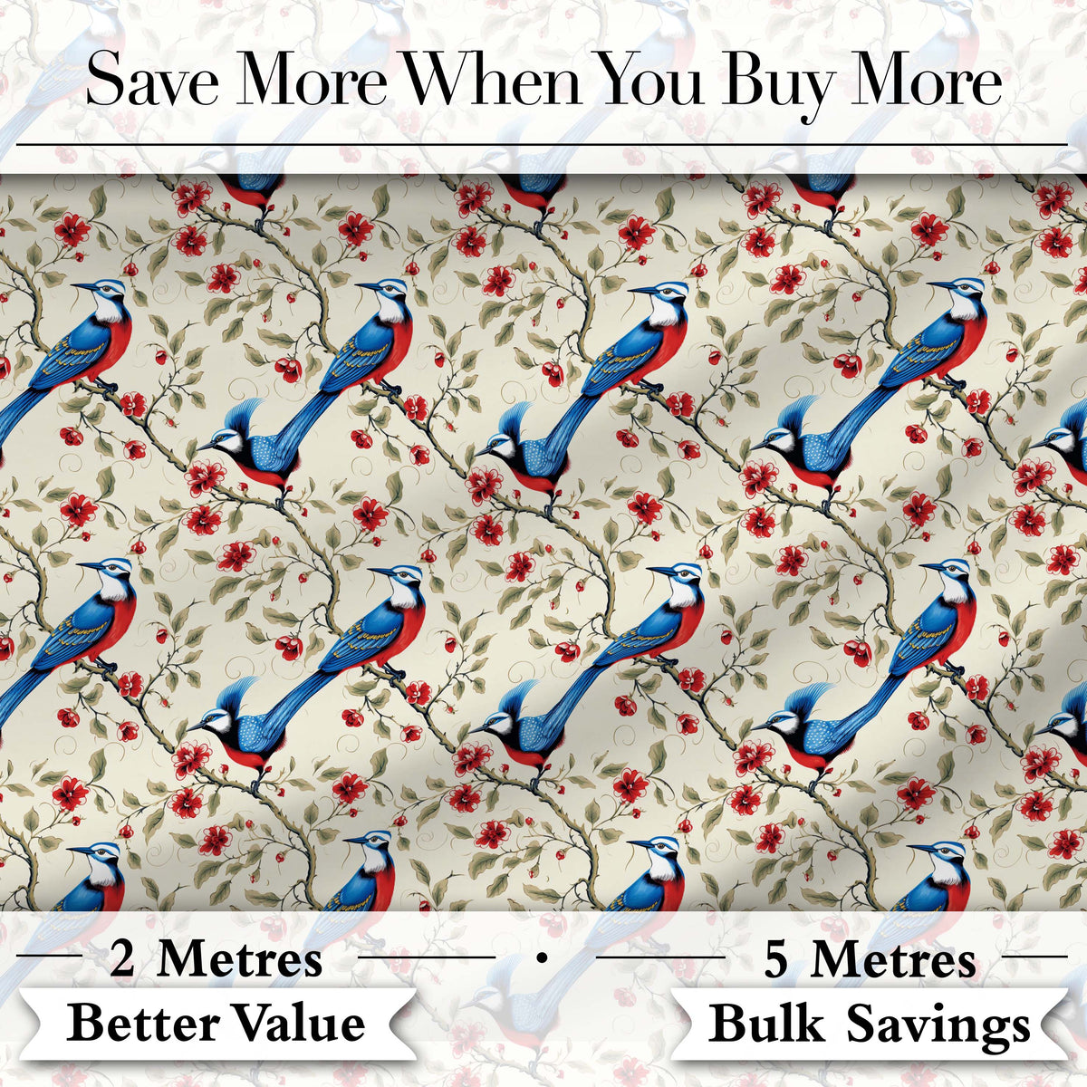 Elegant Blue and Red Birds with Floral Branch Seamless Pattern Digital Print Fabric by the Metre UK Sewing Quilting Textile