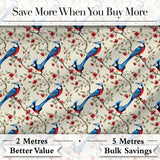 Elegant Blue and Red Birds with Floral Branch Seamless Pattern Digital Print Fabric by the Metre UK Sewing Quilting Textile