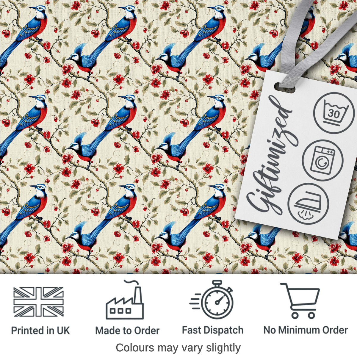 Elegant Blue and Red Birds with Floral Branch Seamless Pattern Digital Print Fabric by the Metre UK Sewing Quilting Textile