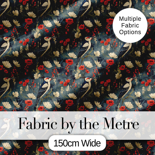 Vintage Woodpecker Birds with Floral Garden Seamless Pattern Digital Print Fabric by the Metre UK Sewing Quilting Textile