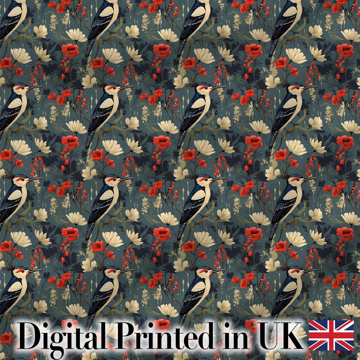Vintage Woodpecker Birds with Floral Garden Seamless Pattern Digital Print Fabric by the Metre UK Sewing Quilting Textile