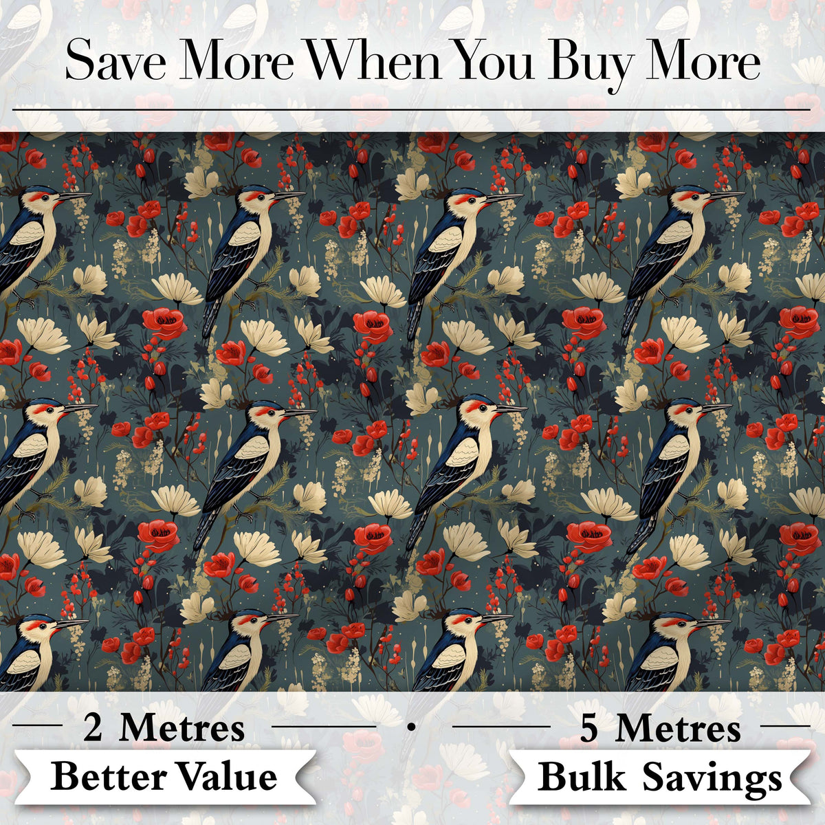 Vintage Woodpecker Birds with Floral Garden Seamless Pattern Digital Print Fabric by the Metre UK Sewing Quilting Textile
