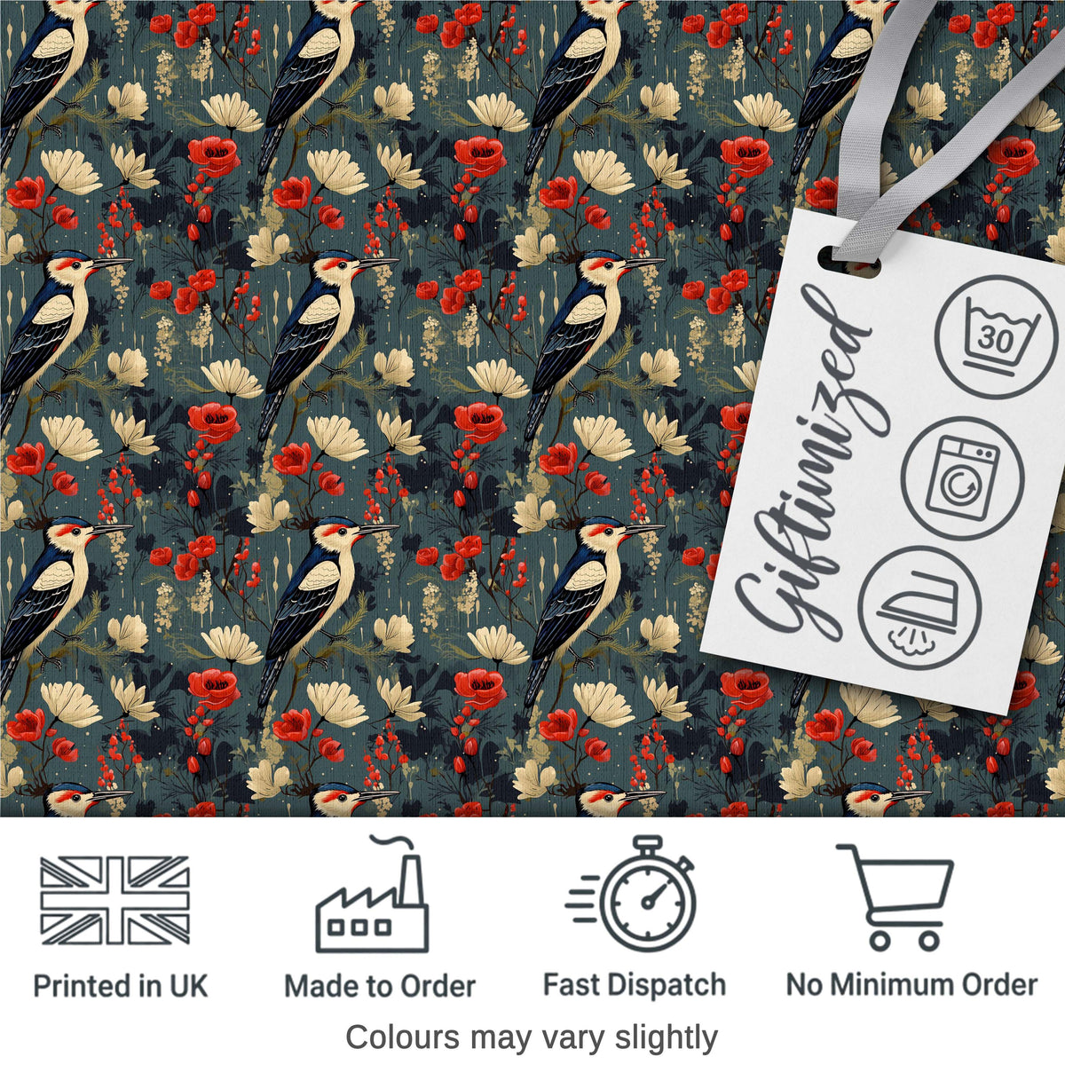Vintage Woodpecker Birds with Floral Garden Seamless Pattern Digital Print Fabric by the Metre UK Sewing Quilting Textile