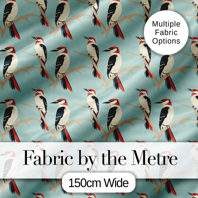 Minimal Red and Black Woodpecker Birds on Branch Seamless Pattern Digital Print Fabric by the Metre UK Sewing Quilting Textile