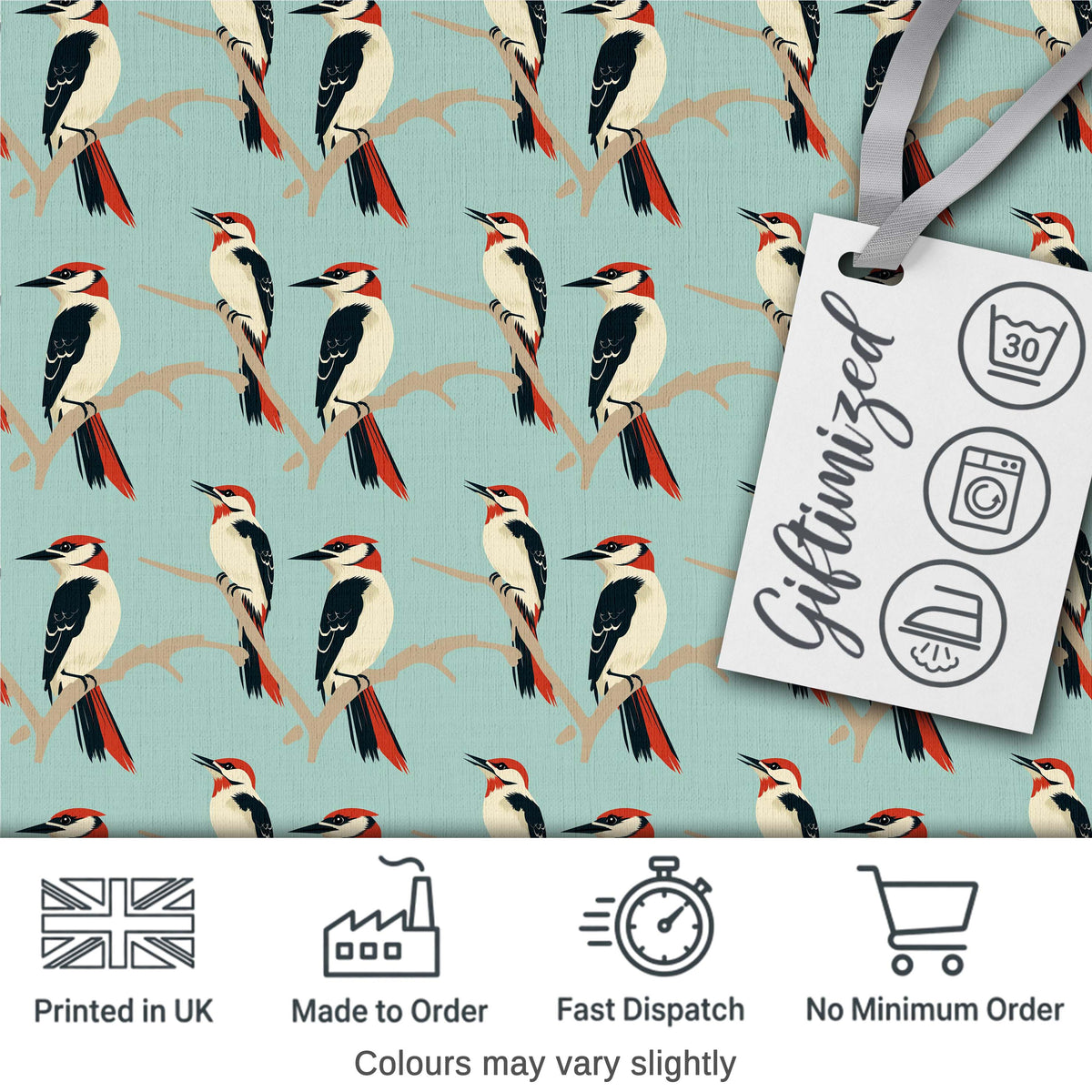 Minimal Red and Black Woodpecker Birds on Branch Seamless Pattern Digital Print Fabric by the Metre UK Sewing Quilting Textile