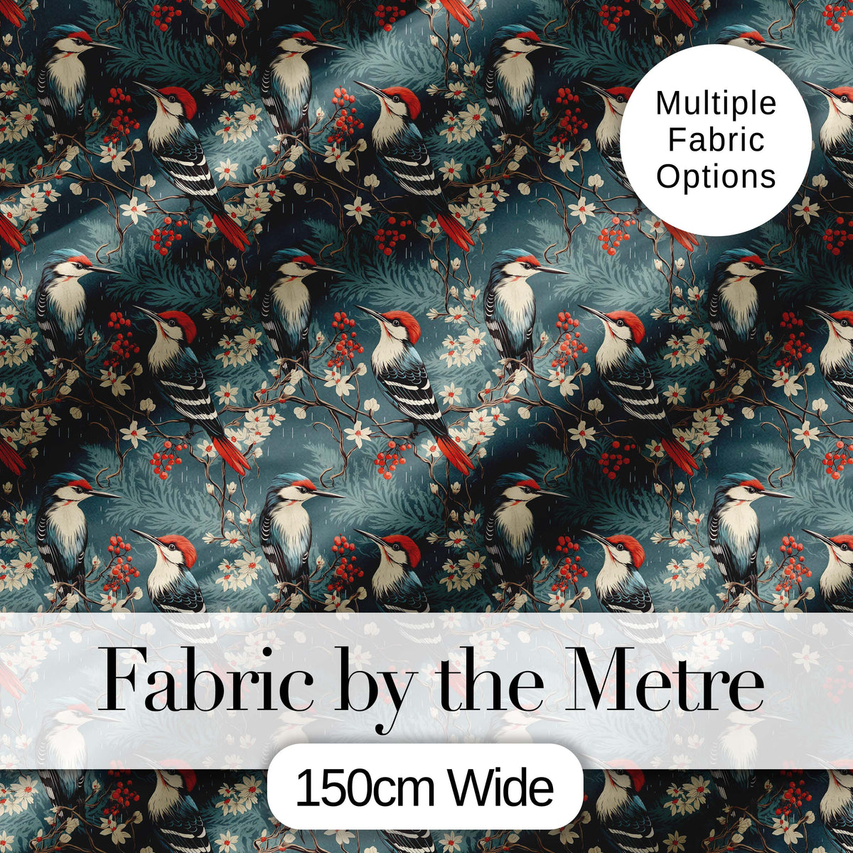 Vintage Style Woodpecker Birds with Blossoms and Berries Seamless Pattern Digital Print Fabric by the Metre UK Sewing Quilting Textile