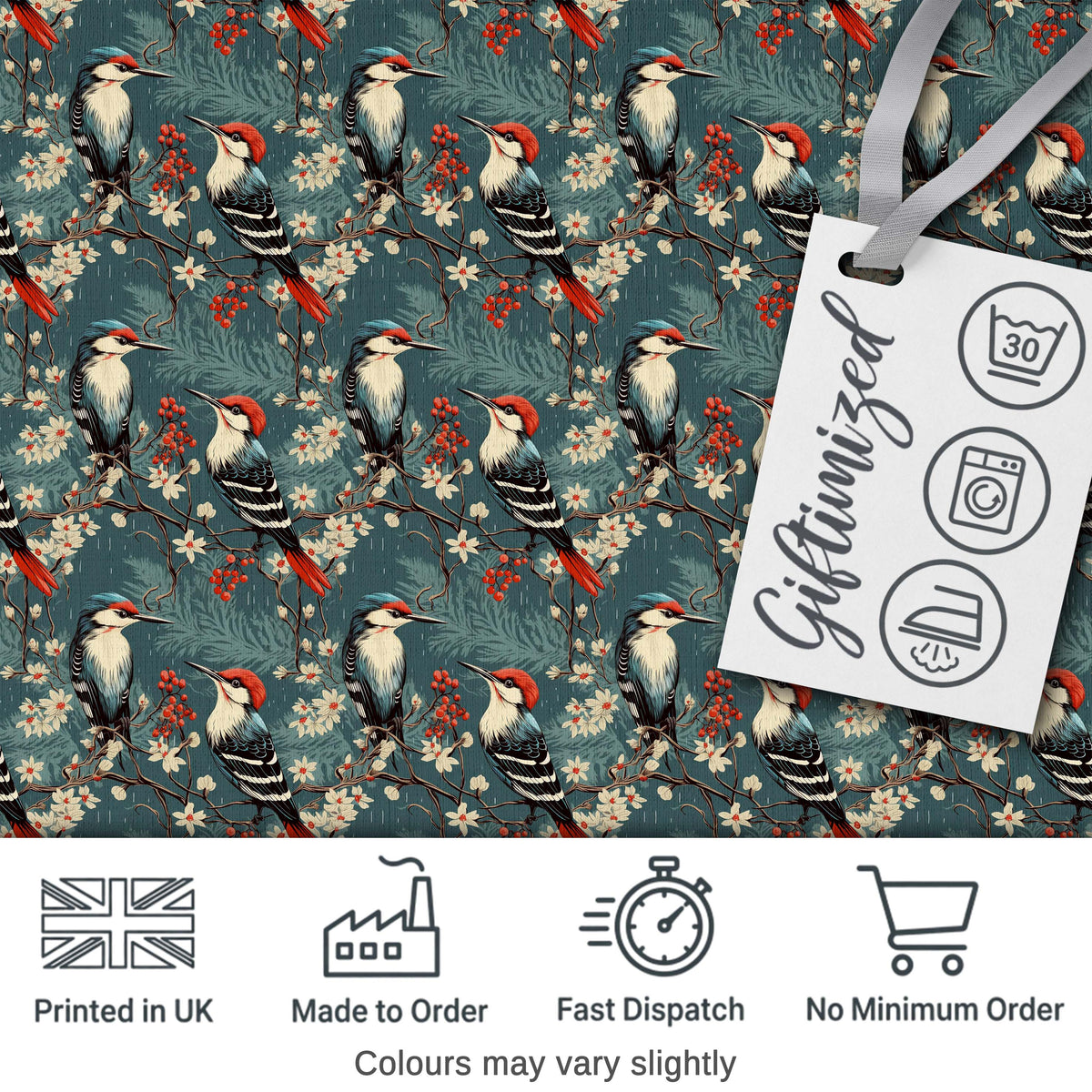 Vintage Style Woodpecker Birds with Blossoms and Berries Seamless Pattern Digital Print Fabric by the Metre UK Sewing Quilting Textile