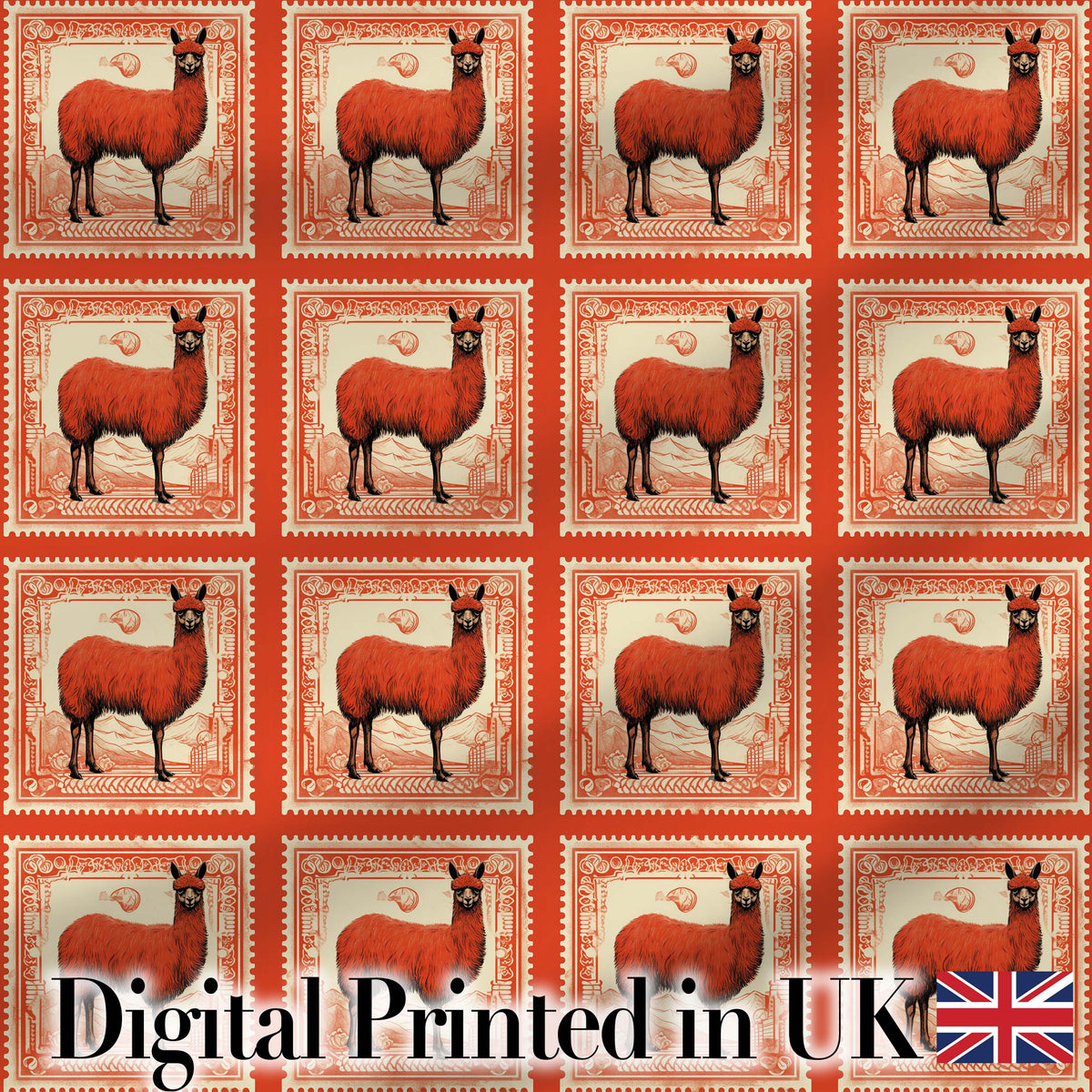 Vintage Red Llama Stamp Style Illustration Seamless Pattern Digital Print Fabric by the Metre UK Sewing Quilting Textile