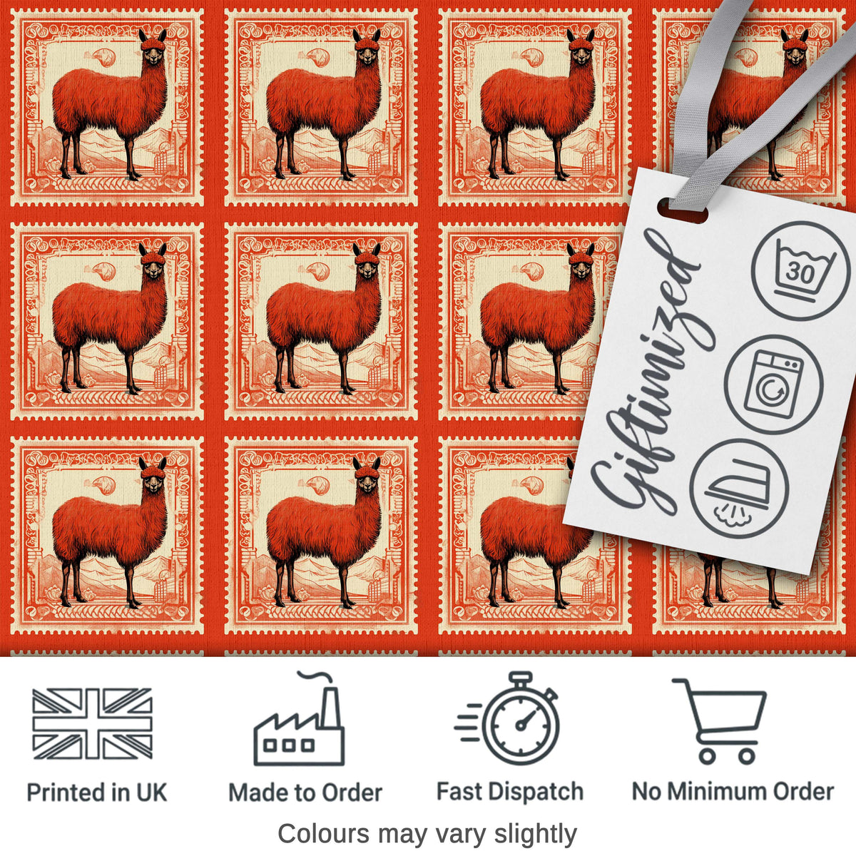 Vintage Red Llama Stamp Style Illustration Seamless Pattern Digital Print Fabric by the Metre UK Sewing Quilting Textile