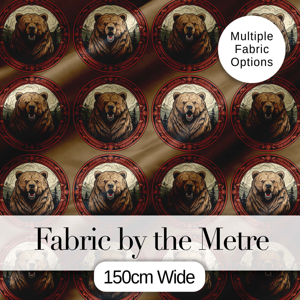Majestic Bear Portrait in Ornate Frame Seamless Pattern Digital Print Fabric by the Metre UK Sewing Quilting Textile