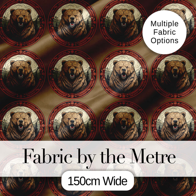 Majestic Bear Portrait in Ornate Frame Seamless Pattern Digital Print Fabric by the Metre UK Sewing Quilting Textile