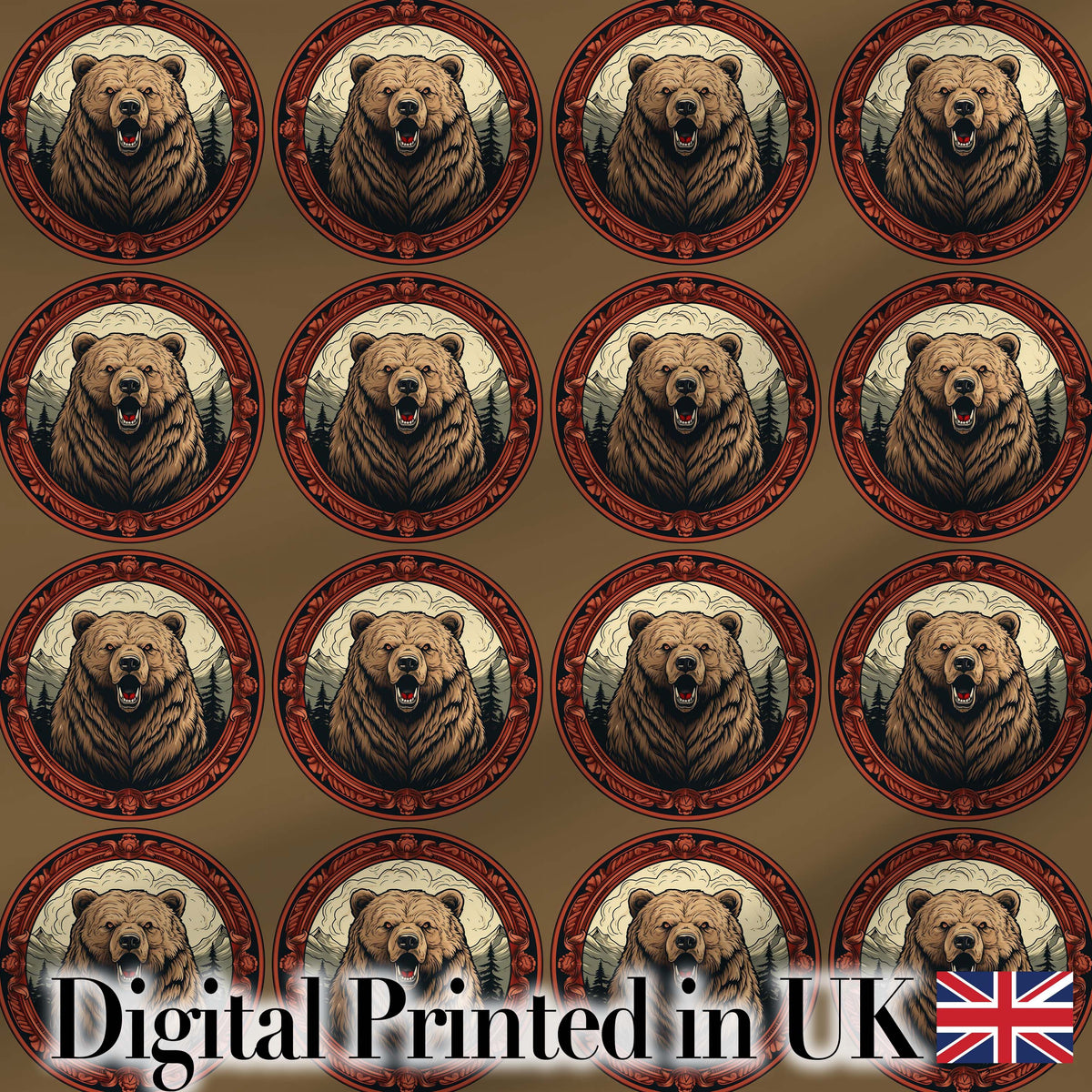 Majestic Bear Portrait in Ornate Frame Seamless Pattern Digital Print Fabric by the Metre UK Sewing Quilting Textile