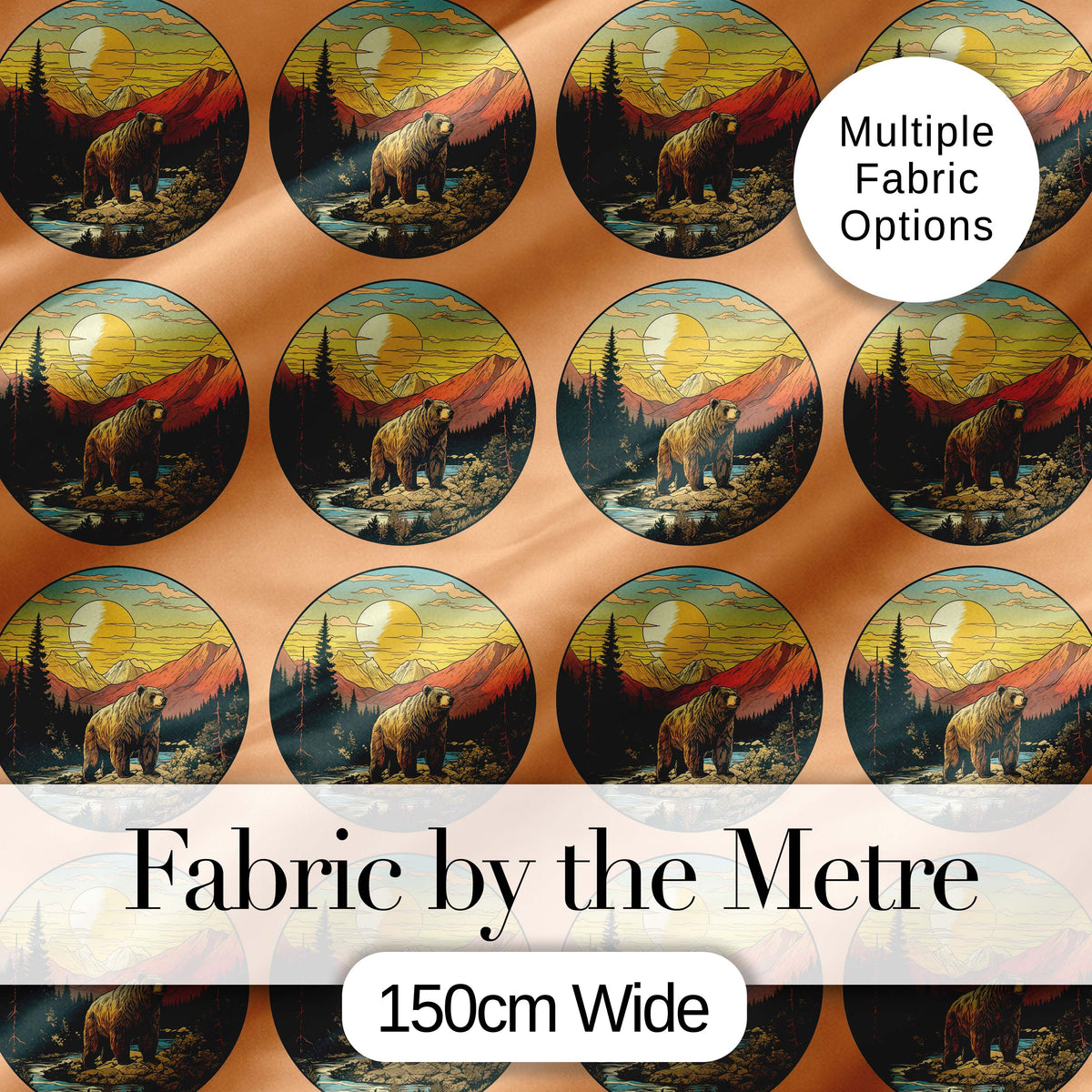 Wild Bear in Mountain Landscape Circle Design Seamless Pattern Digital Print Fabric by the Metre UK Sewing Quilting Textile