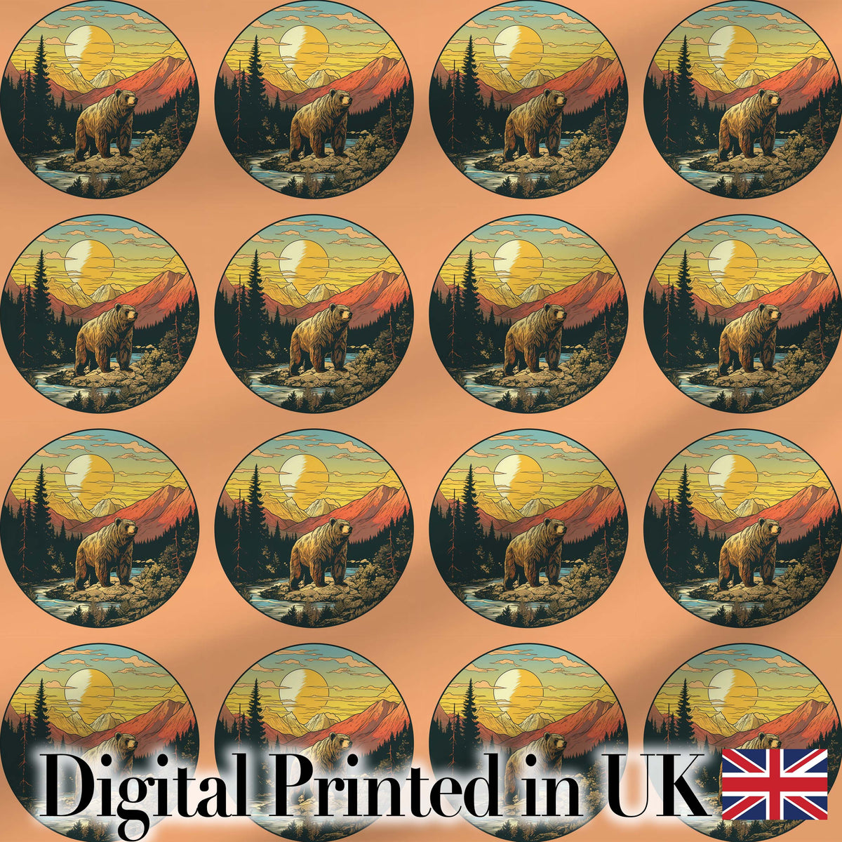 Wild Bear in Mountain Landscape Circle Design Seamless Pattern Digital Print Fabric by the Metre UK Sewing Quilting Textile