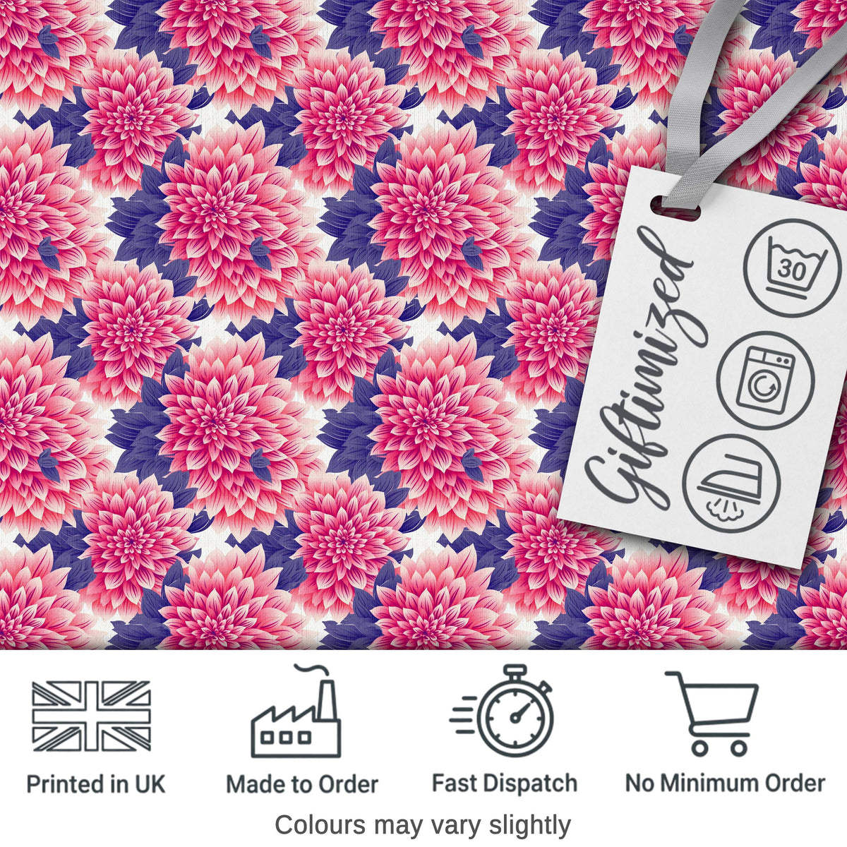 Pink Dahlia Floral Bloom with Soft Purple Leaves Seamless Pattern Digital Print Fabric by the Metre UK Sewing Quilting Textile