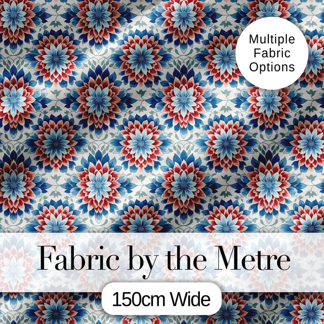 Blue and Red Floral Mandala Tile Seamless Pattern Digital Print Fabric by the Metre UK Sewing Quilting Textile