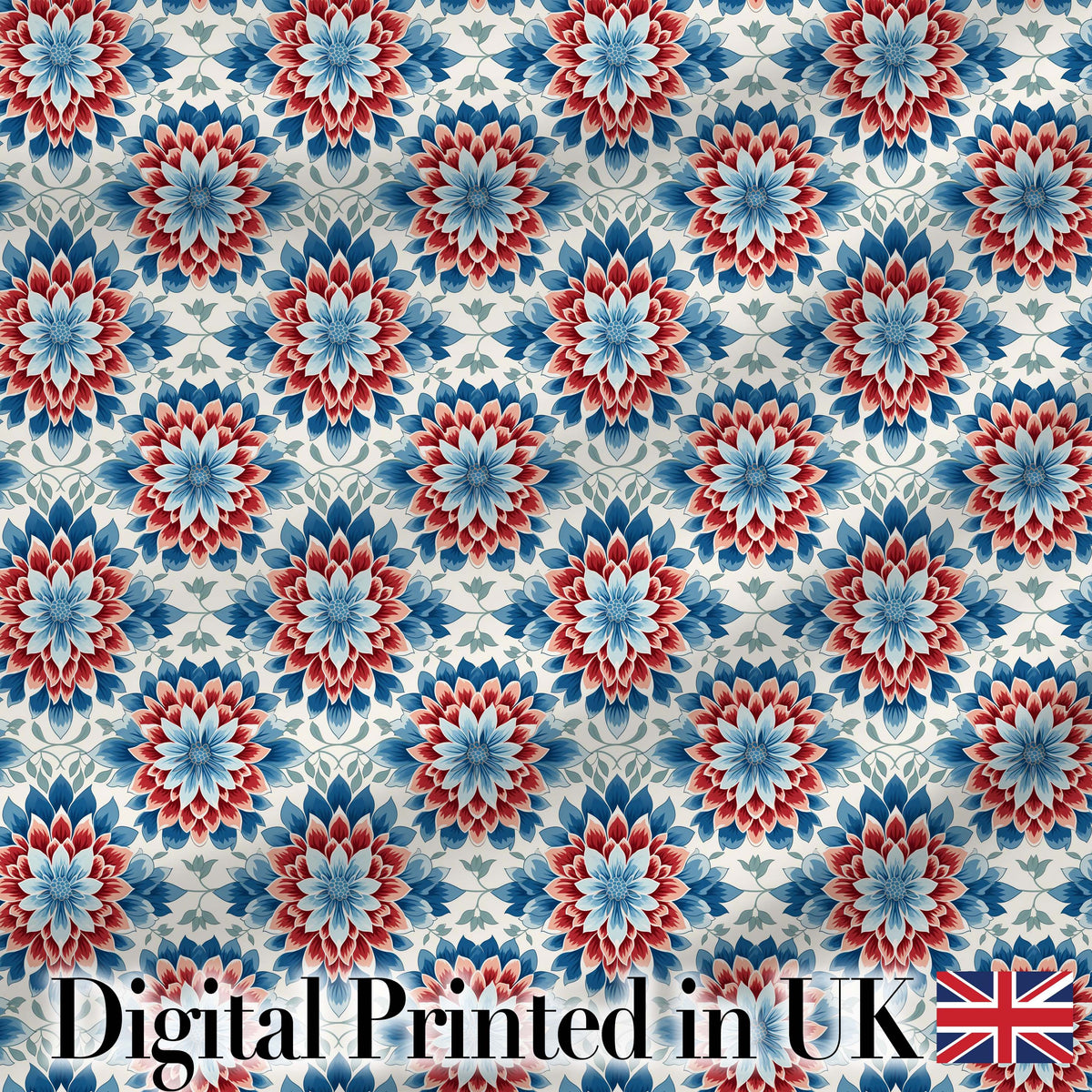 Blue and Red Floral Mandala Tile Seamless Pattern Digital Print Fabric by the Metre UK Sewing Quilting Textile