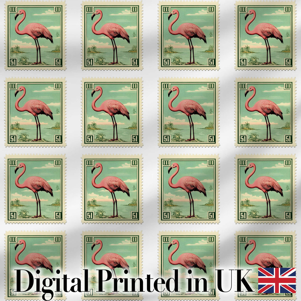 Vintage Flamingo Postage Stamp Style Seamless Pattern Digital Print Fabric by the Metre UK Sewing Quilting Textile