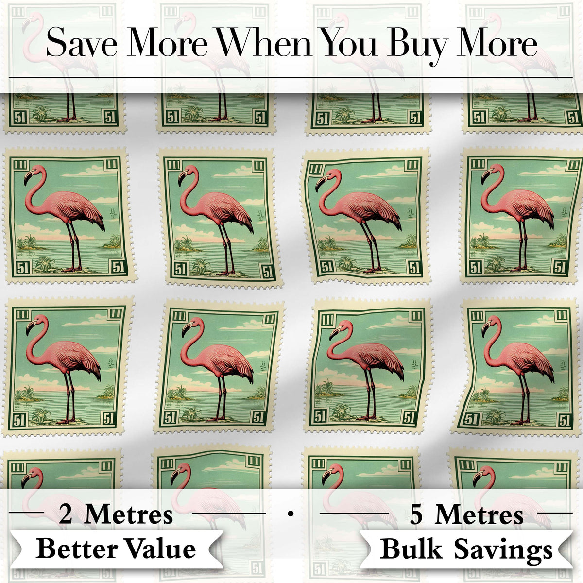 Vintage Flamingo Postage Stamp Style Seamless Pattern Digital Print Fabric by the Metre UK Sewing Quilting Textile