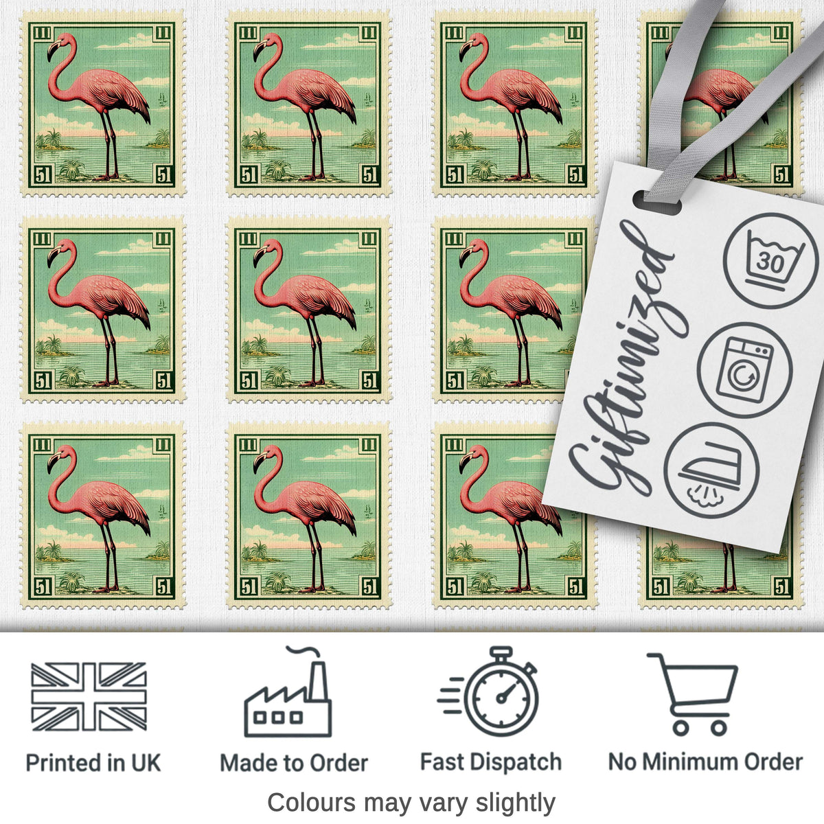 Vintage Flamingo Postage Stamp Style Seamless Pattern Digital Print Fabric by the Metre UK Sewing Quilting Textile