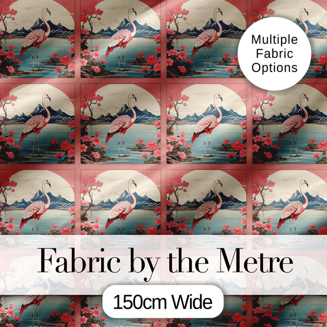 Elegant Flamingo Lake with Cherry Blossom and Mountain Scene Seamless Pattern Digital Print Fabric by the Metre UK Sewing Quilting Textile